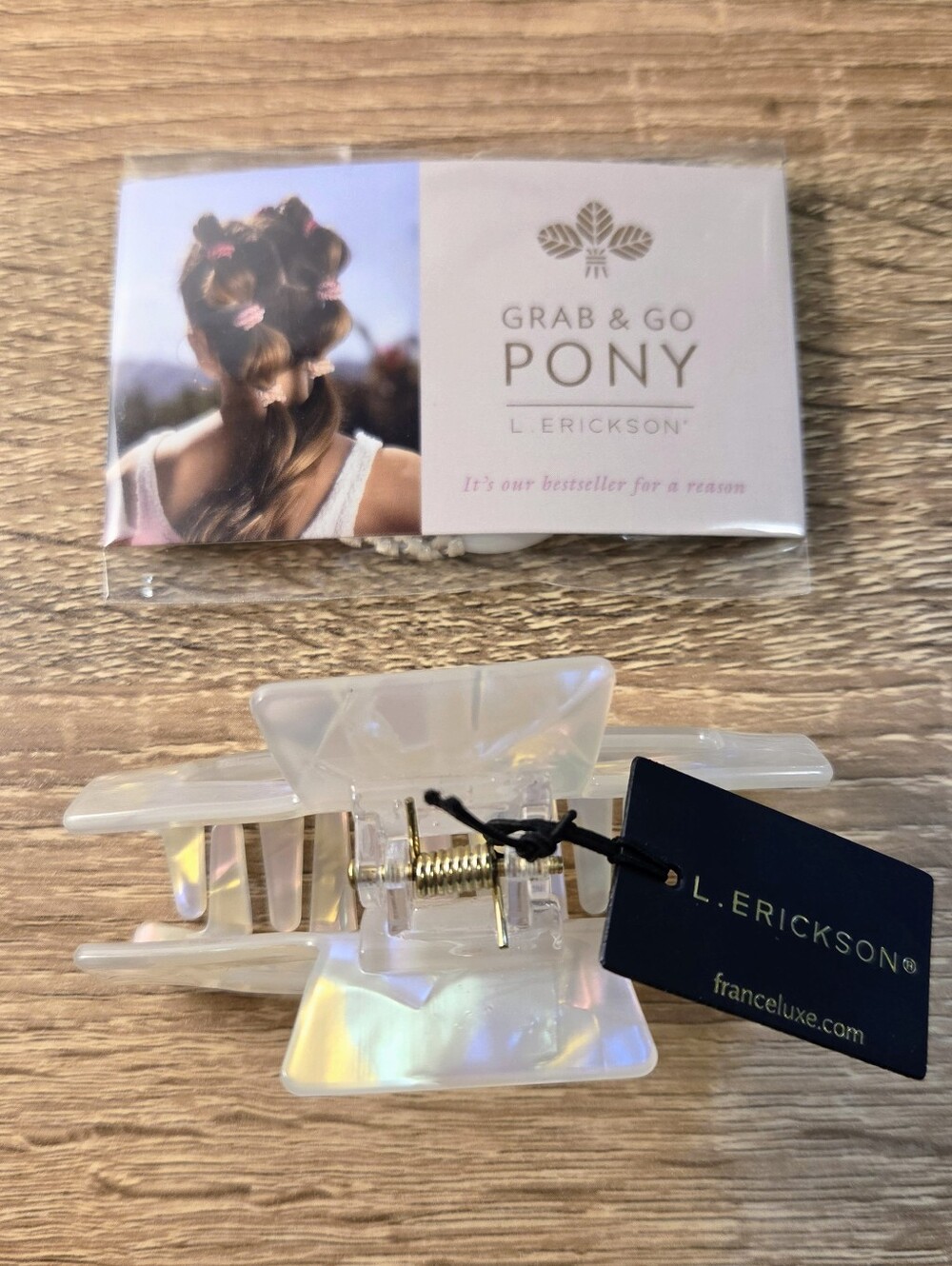 France Luxe L. Erickson Rectangle Claw Clip + Grab & Go Pony Hair Tie - Opal - Picture 4 of 7